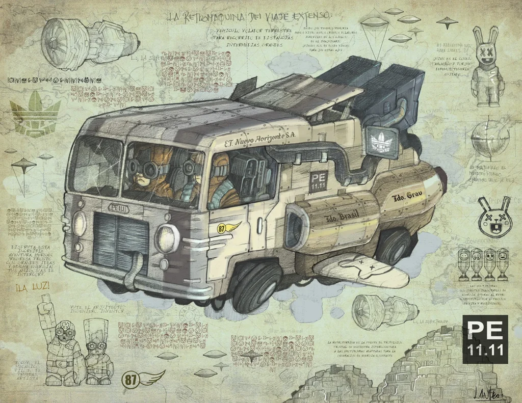 Yute and Tocuyo in their flying dieselpunk vehicle — print de Rafael Lanfranco
